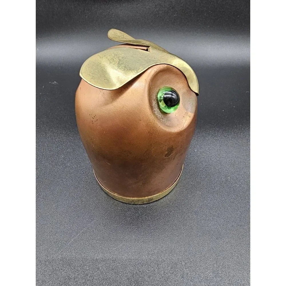 Vtg. Coppercraft Guild Copper Owl Coin‎ Bank With Green Glass Eyes 4